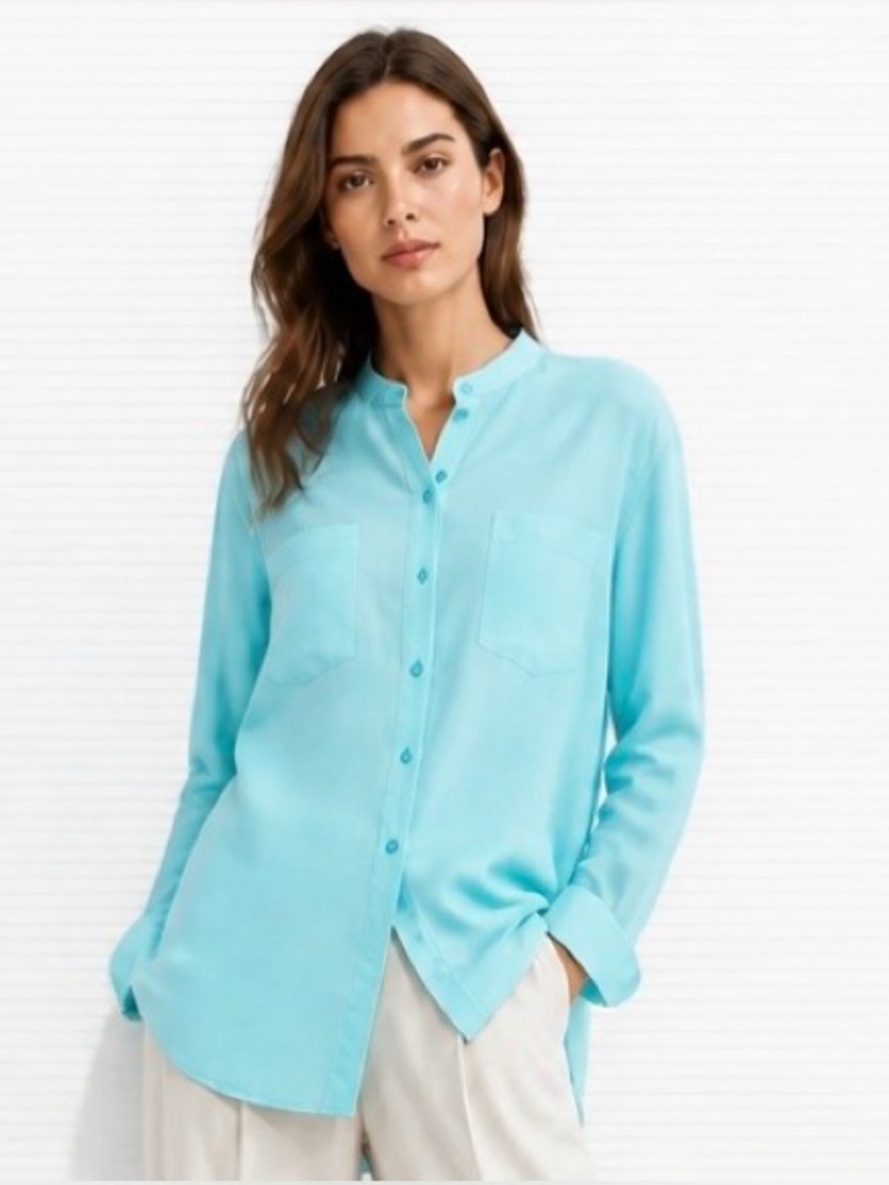 EILEEN FISHER Irish Organic Linen Blouse Shirt Button Long Sleeve Pockets Blue
